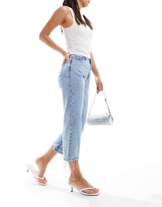 In The Style - diamante fringe hem denim jeans in light blue