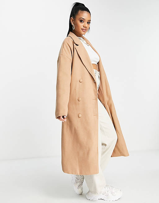 In The Style double breasted longline coat in tan