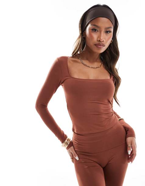 In The Style double layered slinky sculpt square neck long sleeve top co-ord in rust  - view 1