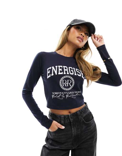 In The Style - Energise - T-shirt met lange mouwen en slogan in marineblauw