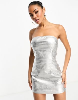 In The Style exclusive bandeau bodycon mini dress in silver croc - ASOS Price Checker