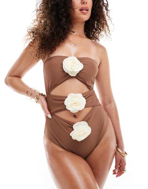 In The Style exclusive bandeau cut out contrast corsage swimsuit in chocolate brown - view 1