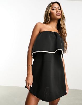 In The Style exclusive bandeau pearl trim ruffle mini dress in black
