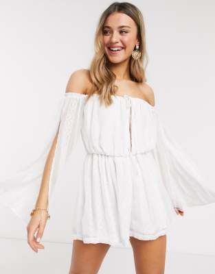 In The Style exclusive bardot lace embroidered swing playsuit in white