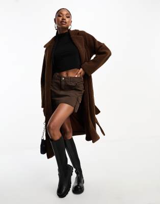 In The Style exclusive borg longline belted coat in chocolate-Brown