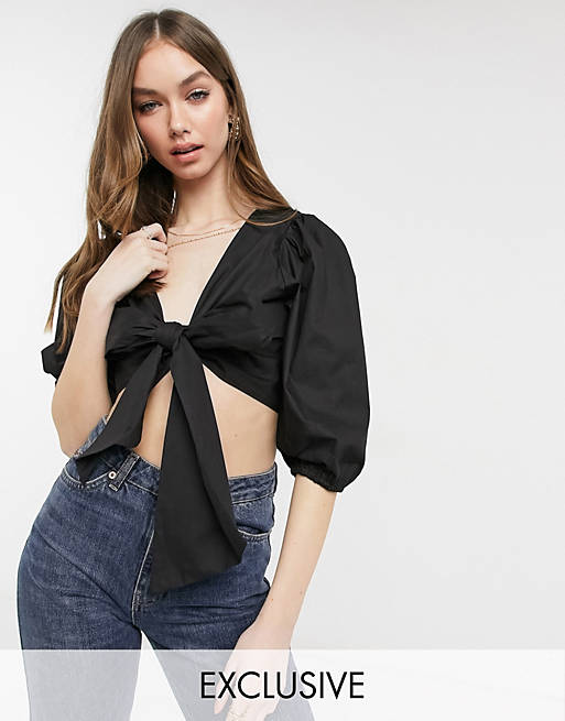 In The Style exclusive bow detail cropped shirt in black