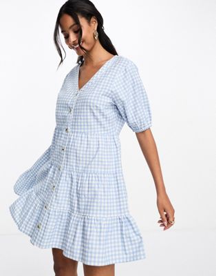 In The Style exclusive button through mini smock dress in blue gingham - ASOS Price Checker