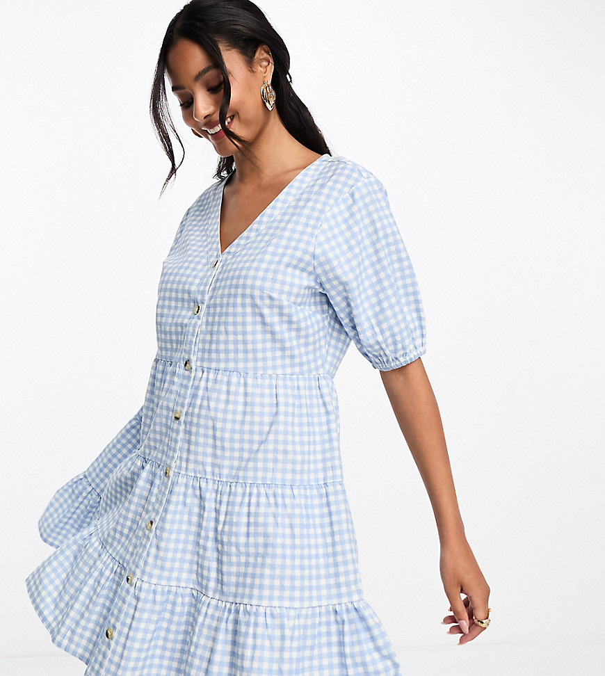 In The Style Exclusive button through mini smock dress in blue gingham-Multi