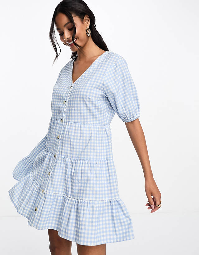 In The Style - exclusive button through mini smock dress in blue gingham