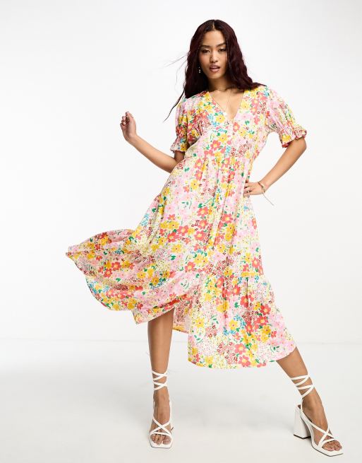 In The Style exclusive button through puff sleeve midi dress in ditsy floral