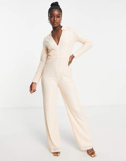 In The Style Exclusive Champagnefärgad jumpsuit med vida ben, djup