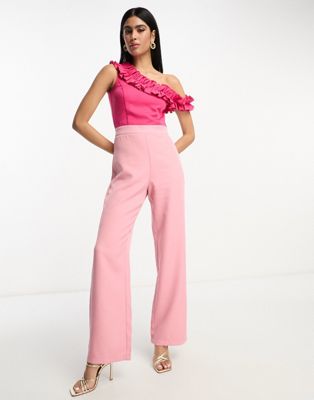In The Style exclusive contrast frill one shoulder jumpsuit in pink - ASOS Price Checker