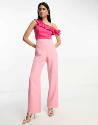 exclusive contrast frill one shoulder jumpsuit in pink