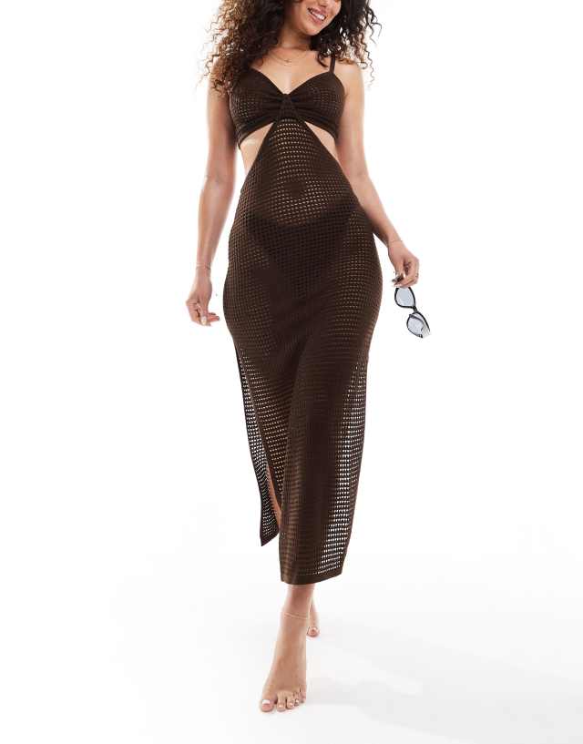 In The Style - exclusive crochet cut out cami midaxi beach dress in chocolate