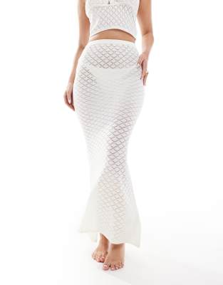 In The Style exclusive crochet knit textured fishtail maxi beach skirt co-ord in cream-Neutral