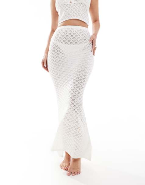 In The Style exclusive crochet knit textured fishtail maxi beach skirt co-ord in cream - view 1