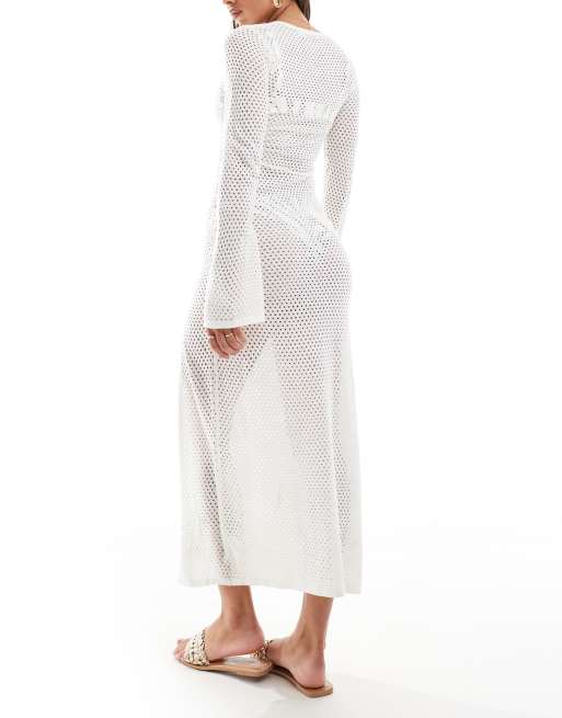 In The Style exclusive crochet ring detail flared sleeve maxi beach dress in white ASOS