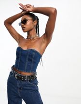 Pull&Bear denim button through corset top co-ord in washed blue | ASOS