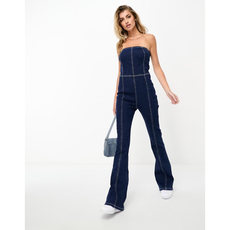 In The Style exclusive denim bandeau flared jumpsuit in dark blue