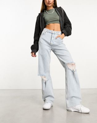 In The Style exclusive distressed wide leg jeans in light blue wash - ASOS Price Checker