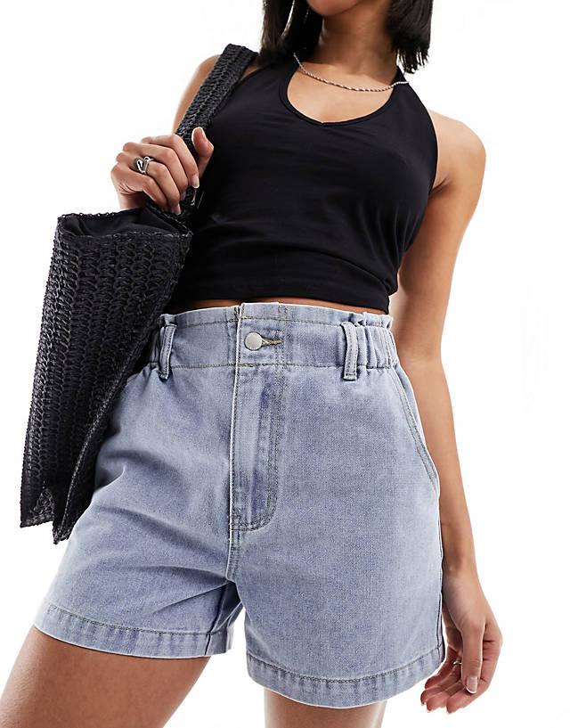 In The Style - exclusive elasticated waist denim paperbag short in light wash blue