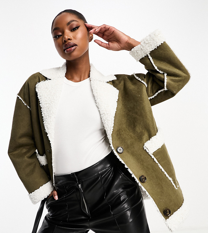 In The Style exclusive faux suede contrast borg seam detail jacket in khaki-Green