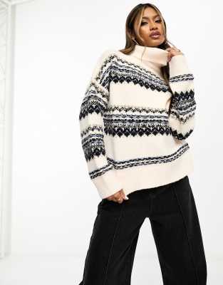 In The Style exclusive fluffy roll neck jumper in cream fairisle - ASOS Price Checker