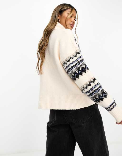 In The Style exclusive fluffy roll neck jumper in cream fairisle