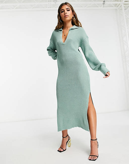 In The Style exclusive knit collar detail midi dress in sage