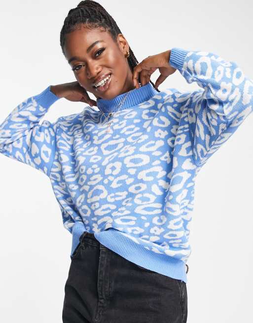 In The Style exclusive knit high neck sweater in blue leopard ASOS