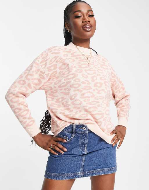 In The Style exclusive knit high neck sweater in pink leopard ASOS