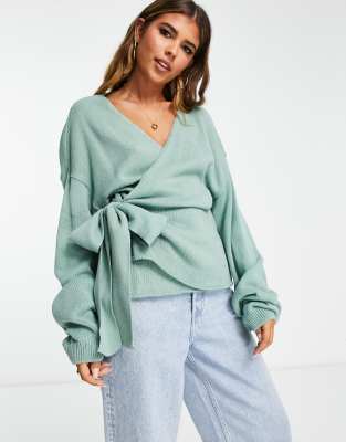 exclusive knit wrap detail sweater in sage-Green