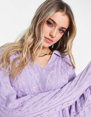 In The Style Exclusive Knitted Collar Detail Cable Knit Sweater In Purple