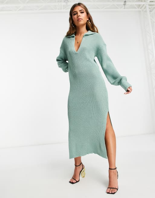 In The Style exclusive knitted collar detail midi dress in sage ASOS