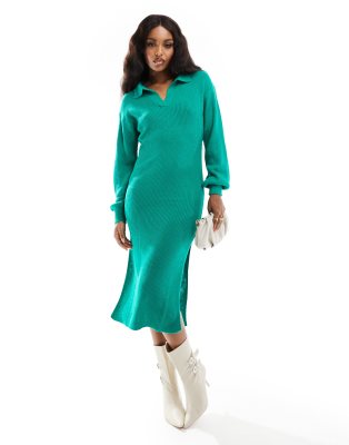 In The Style exclusive knitted collar detail midi jumper dress in green