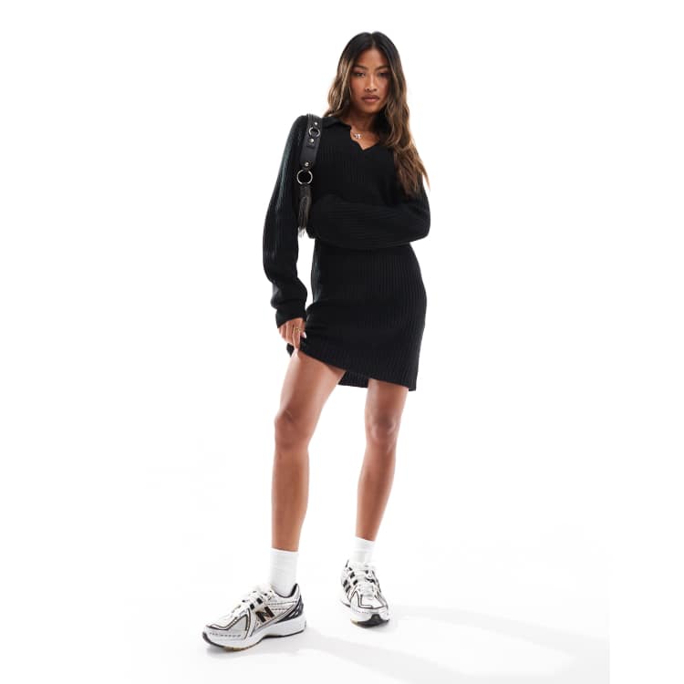 In The Style exclusive knitted collar detail mini jumper dress in black ASOS