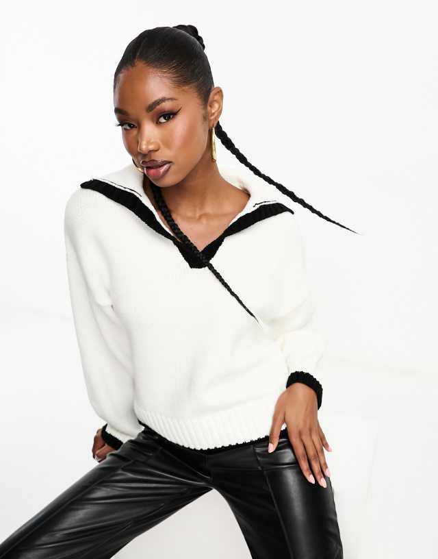 In The Style - exclusive knitted contrast collar detail jumper in cream