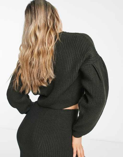 In The Style exclusive knitted cropped cardigan co-ord in khaki, 3 of 4