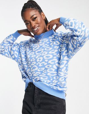 In The Style exclusive knitted high neck jumper in blue leopard
