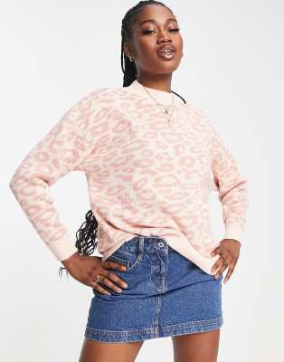 In The Style exclusive knitted high neck jumper in pink leopard Multi