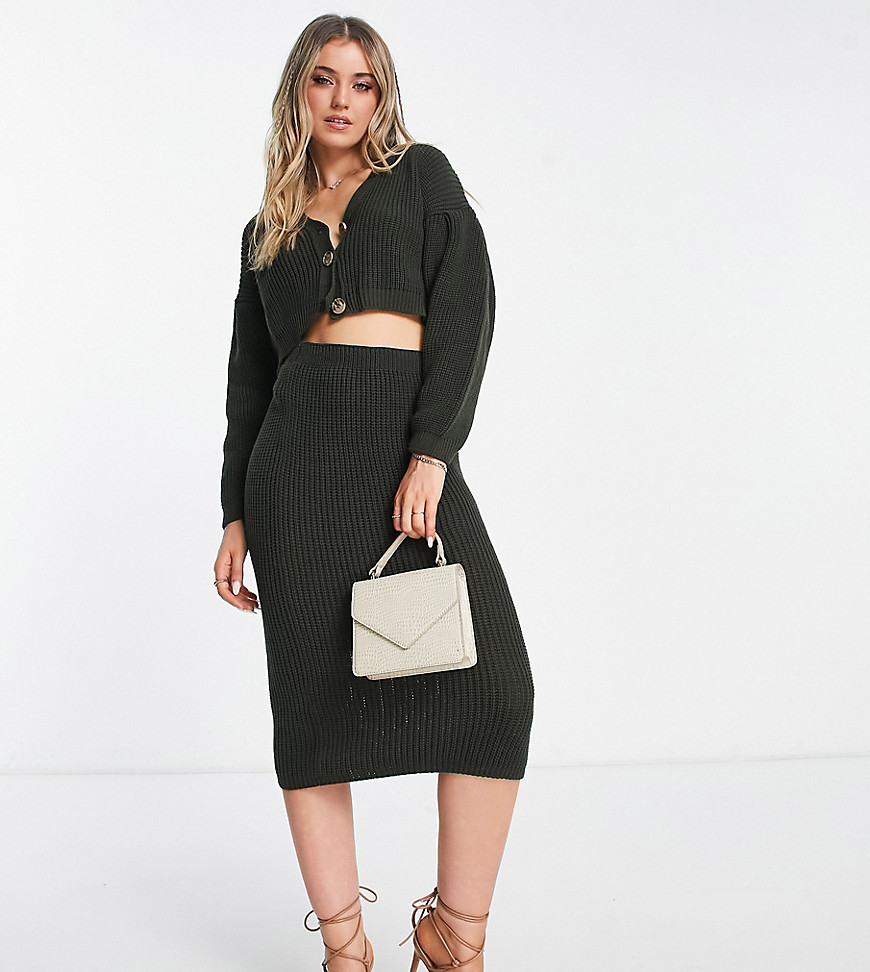 In The Style exclusive knitted midi skirt co-ord in khaki-Green