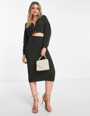 In The Style Exclusive Knitted Midi Skirt In Khaki - Part Of A Set-green