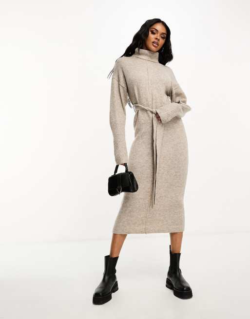 In The Style exclusive knitted roll neck belted midi dress in stone | ASOS