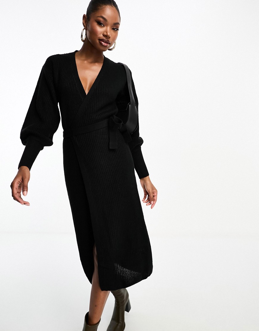 In The Style exclusive knitted wrap midi jumper dress in black