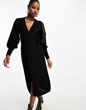 Vila knitted v neck jumper midi dress in black | ASOS