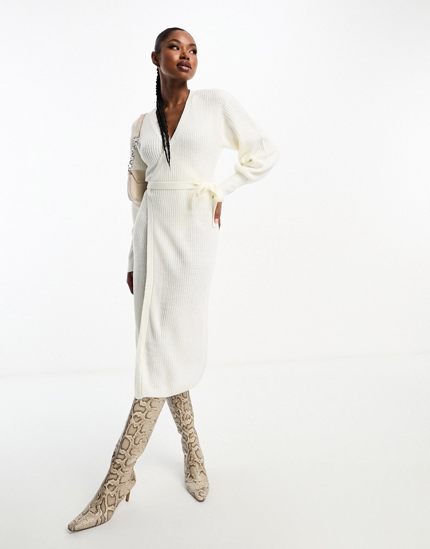 In The Style exclusive knitted wrap midi jumper dress in cream-Black
