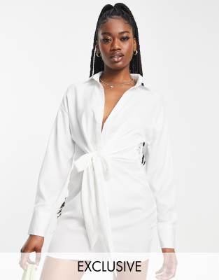 exclusive knot front shirt dress in white