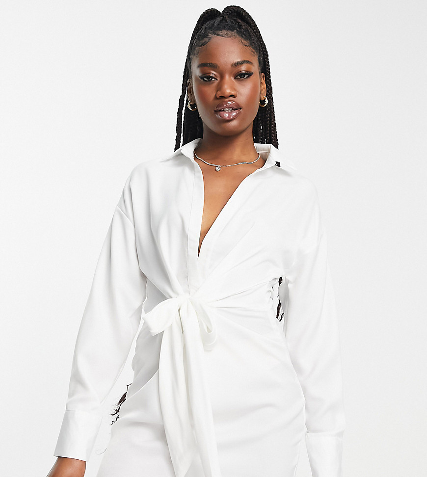 exclusive knot front shirt dress in white