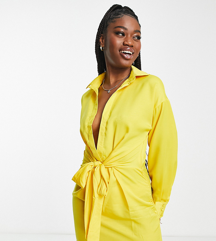 In The Style exclusive knot front shirt dress in yellow