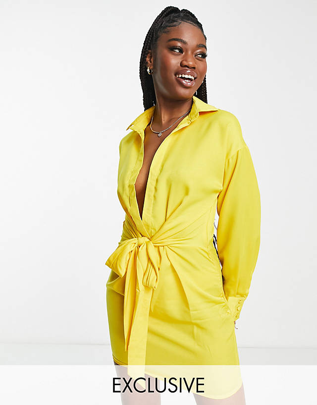 In The Style - exclusive knot front shirt dress in yellow